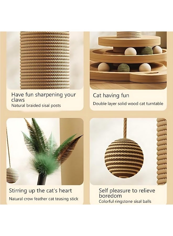 ALMiHomi 4-in-1 Wooden Cat Scratching Post with Sisal Rope, Interactive Ball Track & Feather Toy – Sturdy Indoor Cat Tree for Climbing, Scratching & Playtime – 50cm Tall - Image 5